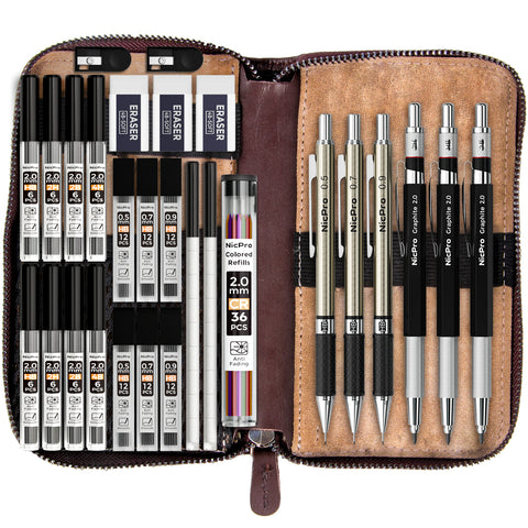 Nicpro 29PCS Art Mechanical Pencils Set in Leather Case, Metal Drafting Pencil 0.5, 0.7, 0.9 mm, 2mm Lead Pencil Holders for Sketching Drawing With 15 Tube (4B 2B HB 2H 4H)Lead Refills (Black &Colors)