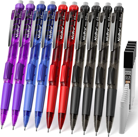 Nicpro 0.5 mm Art Mechanical Pencil Bulk Set, 10 PCS Colored Rotate-Erase & Fast Click Lead Pencils with 5 Tubes HB Lead Refills, 10 Eraser Refills for Student Drafting, Drawing, Writing, Sketching