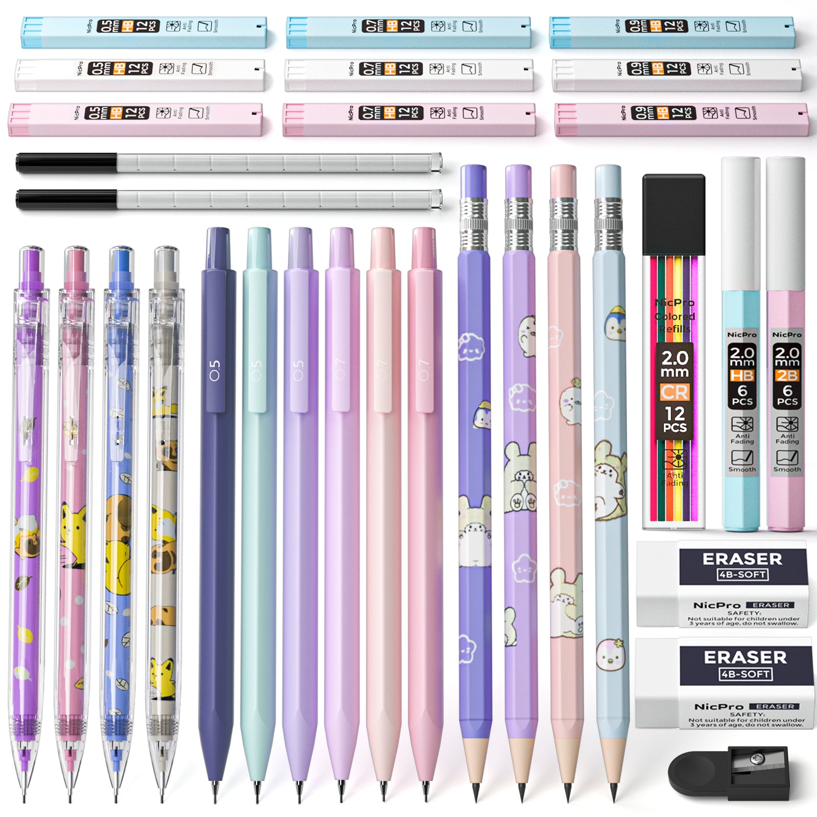 Mr. Pen- Pastel Mechanical Pencil Set with Black Lead and Eraser Refills, Clear Barrel, 0.3, 0.5, 0.7, 0.9, 2mm, Pastel Mechanical Pencils, Cute