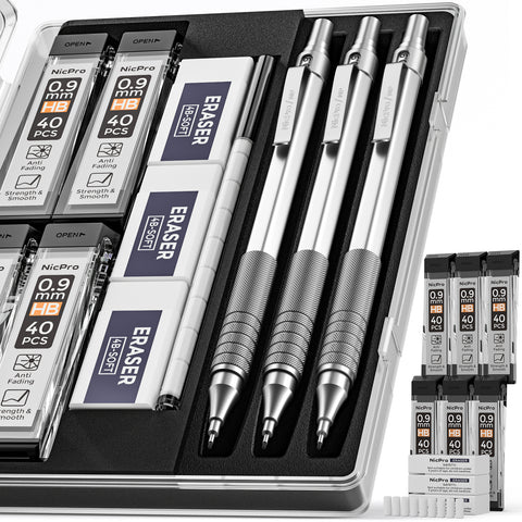Nicpro Metal 0.9 Mechanical Pencil Set with Case, with 3PCS 0.9 Drafting Pencil, 6PCS HB Lead Refill & 3PCS Erasers, Erasers Refills for Adults, Children, Artist Writing, Drawing, Sketching