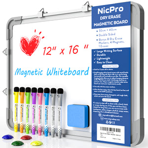Nicpro Dry Erase Whiteboard Hanging, 12 x 16 inch Double Sided Large Magnetic Wall White Board with 8 Pens, 1 Eraser, 4 Magnets, Portable White Board for Kids Memo to Do List Students School (Sliver)
