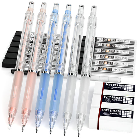Nicpro 6 PCS Mechanical Pencil 0.5 & 0.7 mm for School, with HB Lead Refills, Erasers For Student Writing, Drawing, Sketching, Blue & Pink & White Colors - Come with Case