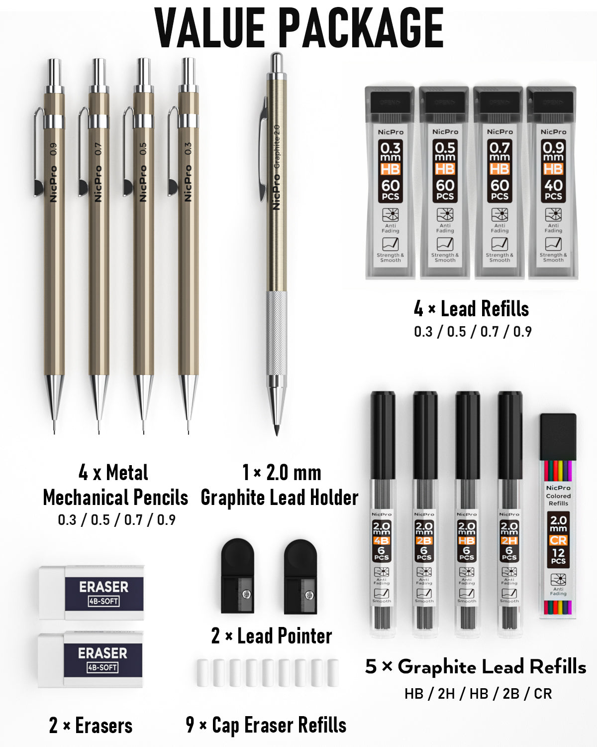 Nicpro 5 PCS Art Mechanical Pencils Set, Black Artist Metal Drafting Pencil  0.5 & 0.7 & 0.9 mm & 2PCS 2mm Graphite Lead Holder(4B 2B HB 2H) for