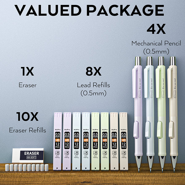 Nicpro 4 PCS Pastel Mechanical Pencil 0.5mm, Cute Fast Click Mechanical Pencils Set with 8 Tubes HB Lead Refills, Erasers, Eraser Refills for School, Student Writing, Drawing, Sketching - with Case