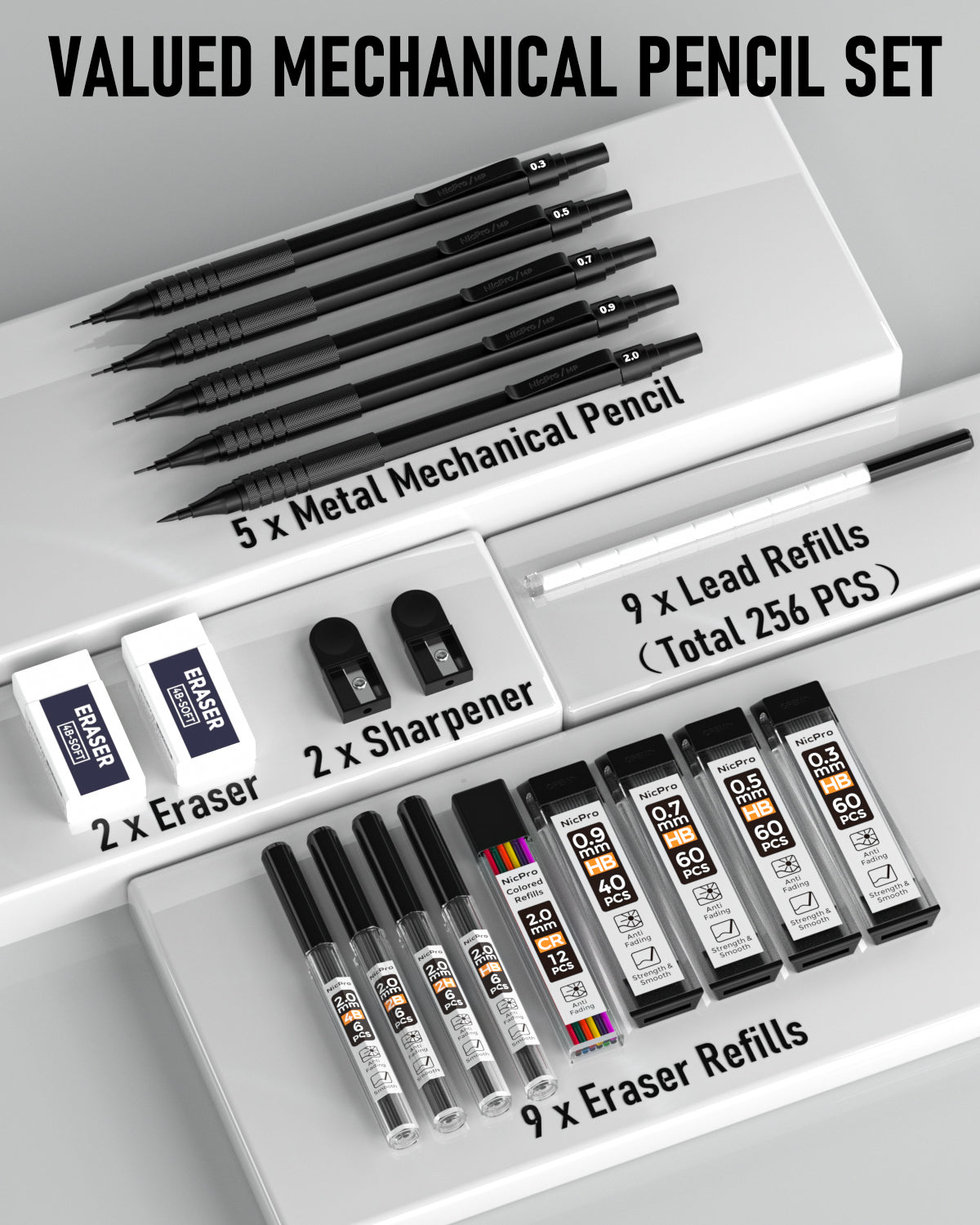 Nicpro 22PCS Art Mechanical Pencils Set, Black Artist Metal Drafting Pencil
