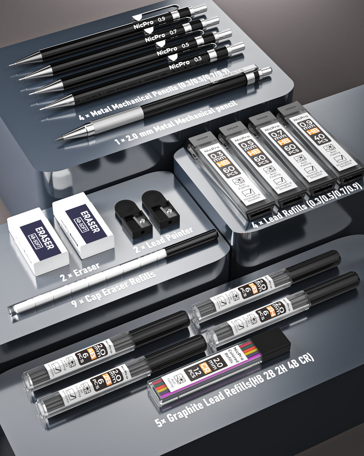 Nicpro 5 PCS Black Metal Mechanical Pencil Set in Case, Drafting Penci