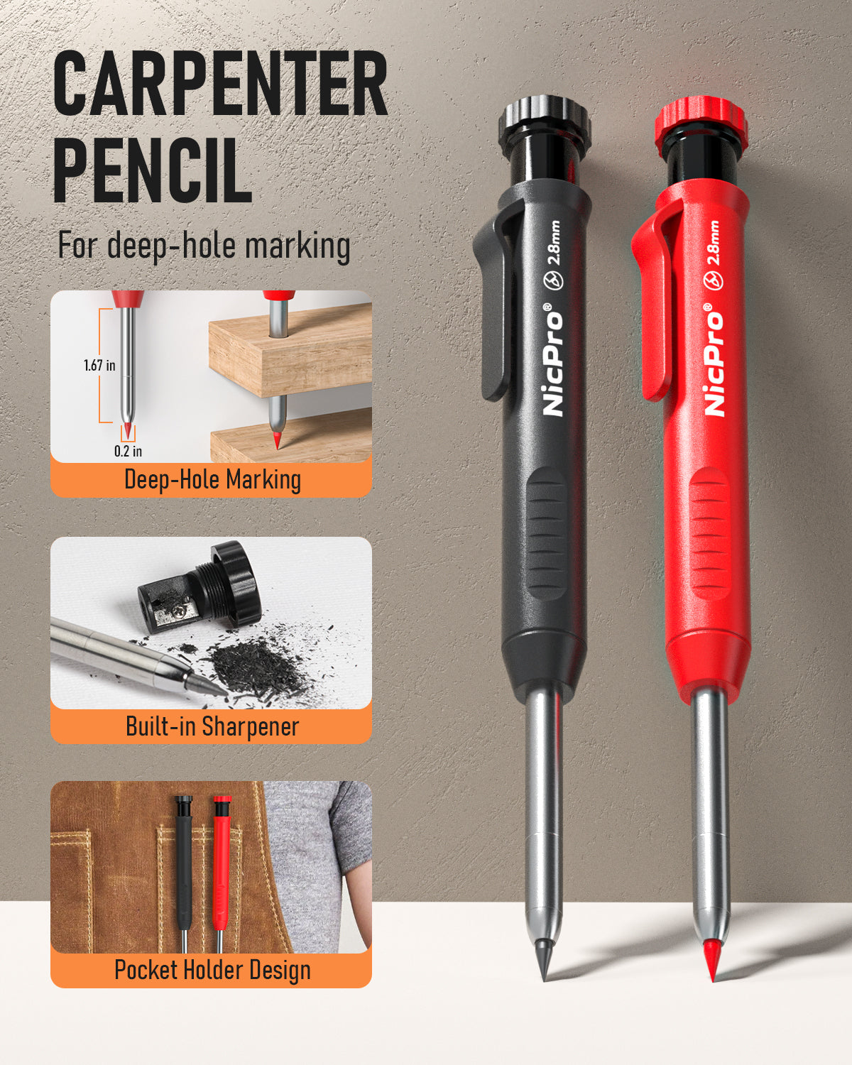 Nicpro Carpenter Pencil with Sharpener, Mechanical Pencils Set with 26 Refills, Deep Hole Marker for Construction, Heavy Duty Woodworking Pencils for Architect (Black, Red) - With Case