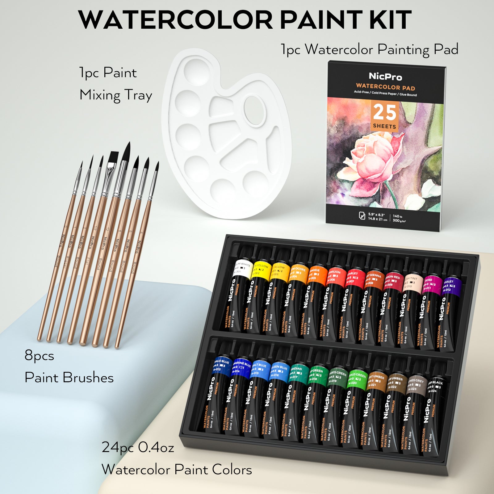 glokers Watercolor Paint Set 24 Colors Arts and Craft Supplies Includes 3  Professional Paint Brushes, 1 Paint Palette - Water Colors Painting Art Kit