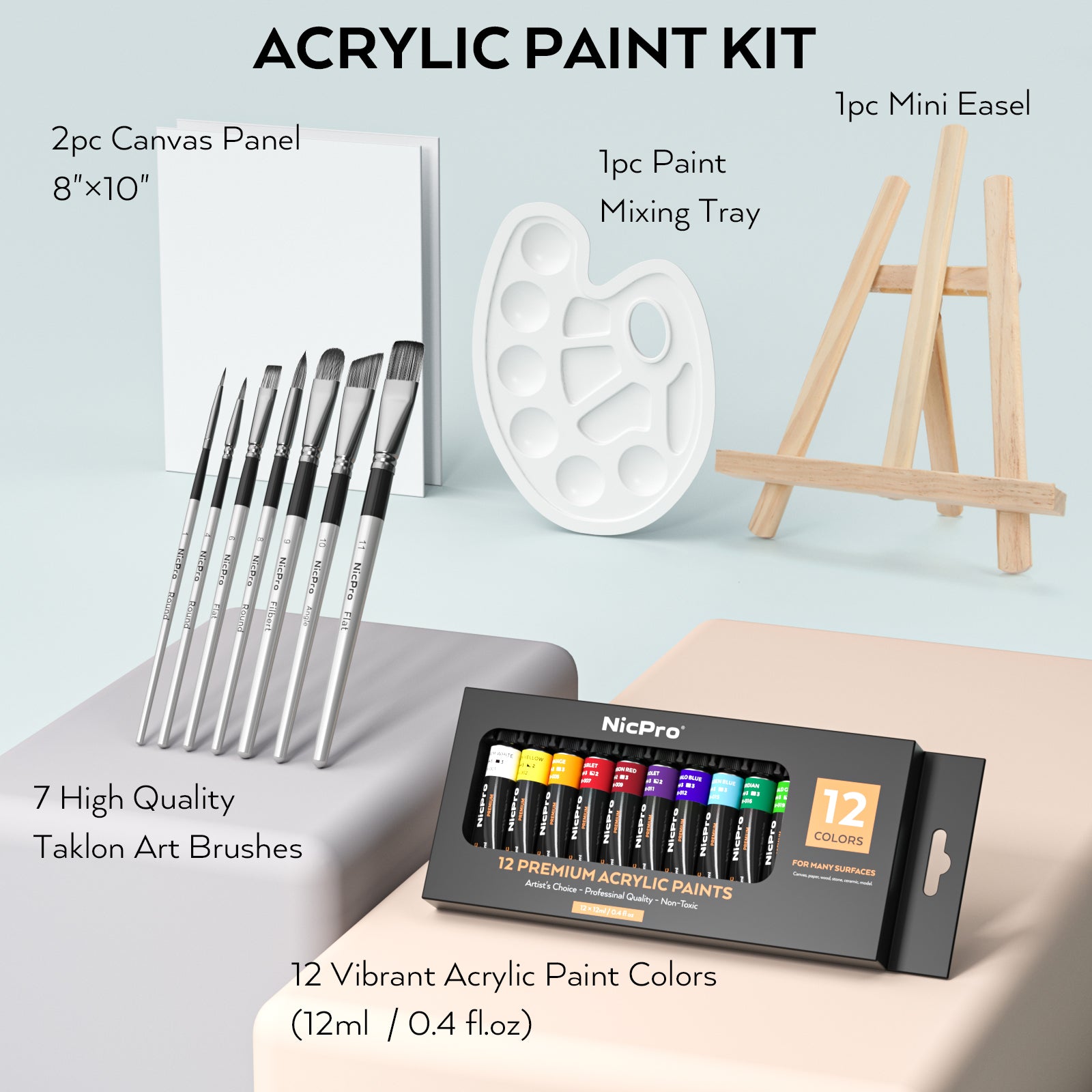 Nicpro Acrylic Canvas Painting Kit, Beginner Art Set Including 12 Rich Pigment Colors (12ml) 7 Brushes, 2 PCS Canvas, Wooden Easel, Supplies for Artist, Adult, Student & Kid