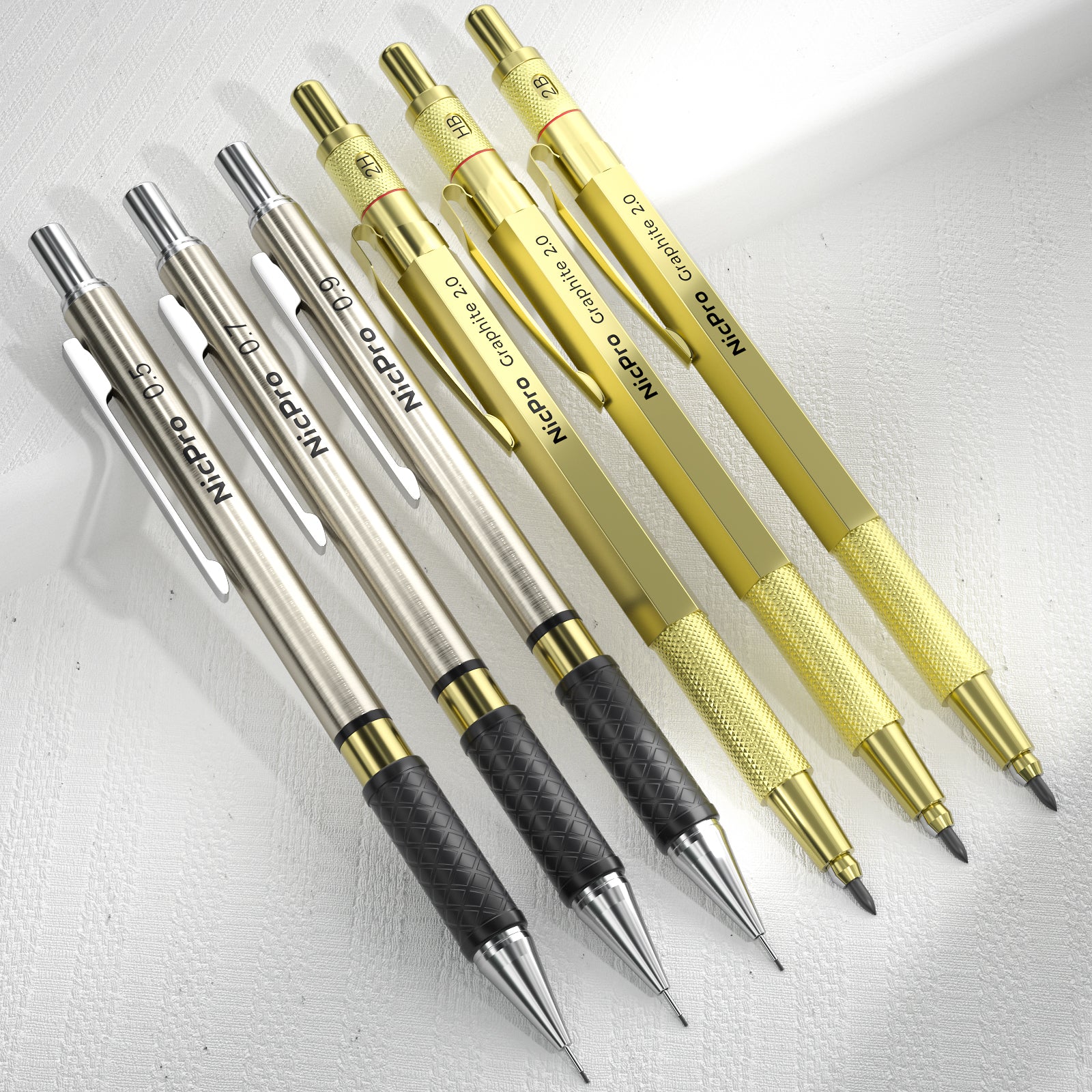 Nicpro 6PCS Mechanical Pencils Set, 3 PCS 2mm Lead Holder (2B HB 2H),  Clutch Propelling Drafting Pencil 0.5 mm & 0.7 mm & 0.9 mm for  Writing,Sketching