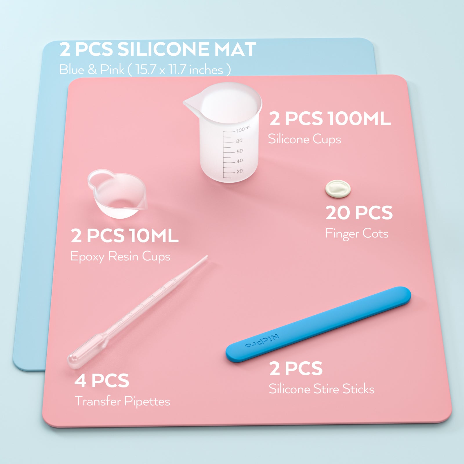 Large Silicone Resin Mat Kit, Including 2PCS 15.7” x 11.7” Crafting Mat Set, 100 ml Silicone Measuring Cups, Silicone Popsicle Sticks, Pipettes for Epoxy Resin Mixing, Molds, Jewelry Making, Craft DIY