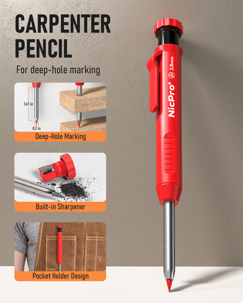 Nicpro Solid Carpenter Pencil for Construction with 13 Refills Leads and Built-in Sharpener, Red Deep Hole Markers Construction Pencils, Woodworking Pencil for Architect
