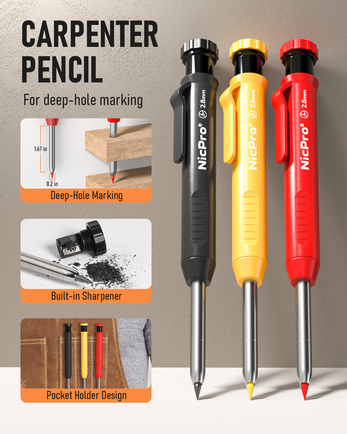 Nicpro 15 Pack Mechanical Carpenter Pencil Set with 42 Refills & Carbide Scribe Tool, Deep Hole Marker Construction Pencils Heavy Duty Woodworking Pencils Built-in Sharpener for Construction Architect