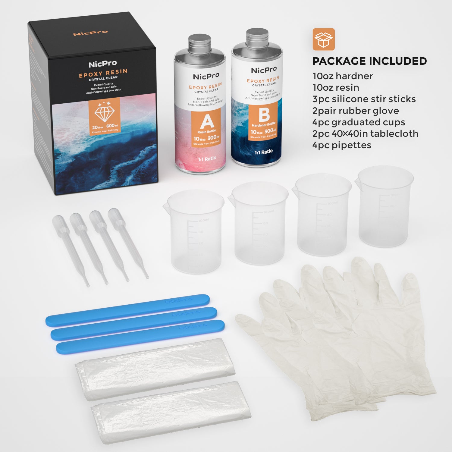Nicpro 2 Part Art Epoxy Resin 20 Oz. Starter Clear Coating and Casting Resin with Silicone Sticks, Gloves, Measuring Cups, Tablecloths, Pipettes for Resin Molds Jewelry Making Kit- Easy Mix 1:1 Ratio