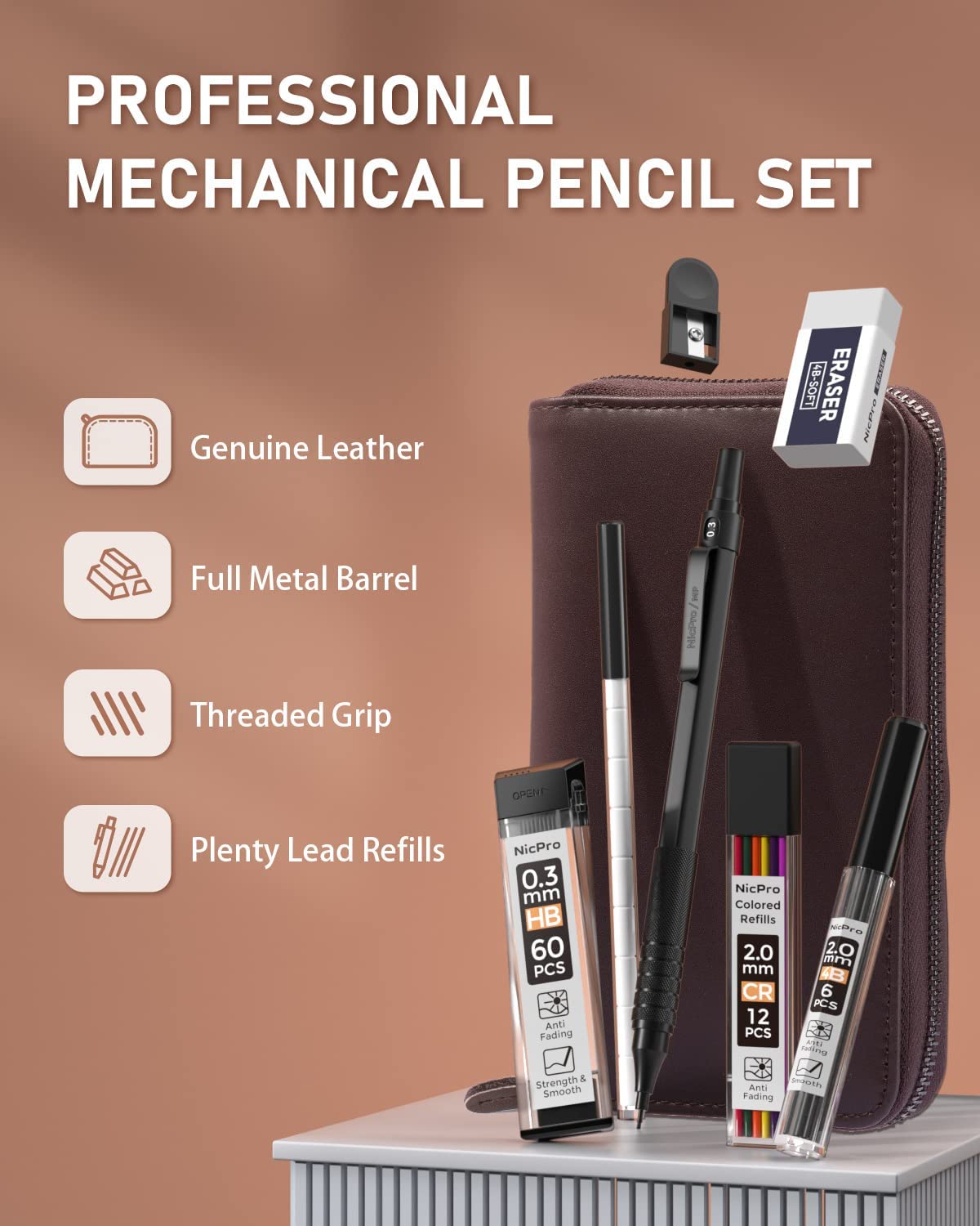 Nicpro Black Mechanical Pencils 0.5mm & 0.7 mm, Metal Lead Pencil Set
