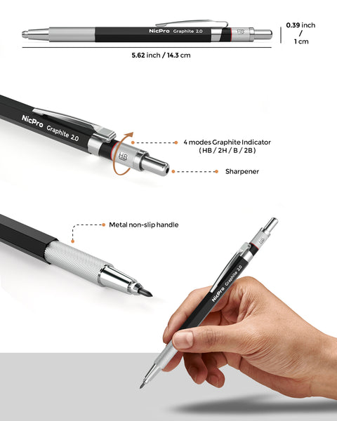Nicpro 2mm Metal Mechanical Pencil Set, 2PCS 2.0 mm Artist Pencil with 10 Tube Graphite Lead Refill HB, 2H, 4H, 2B, 4B, 2 Eraser, 2 Sharpener for Draft Drawing, Writing, Crafting, Art Sketching