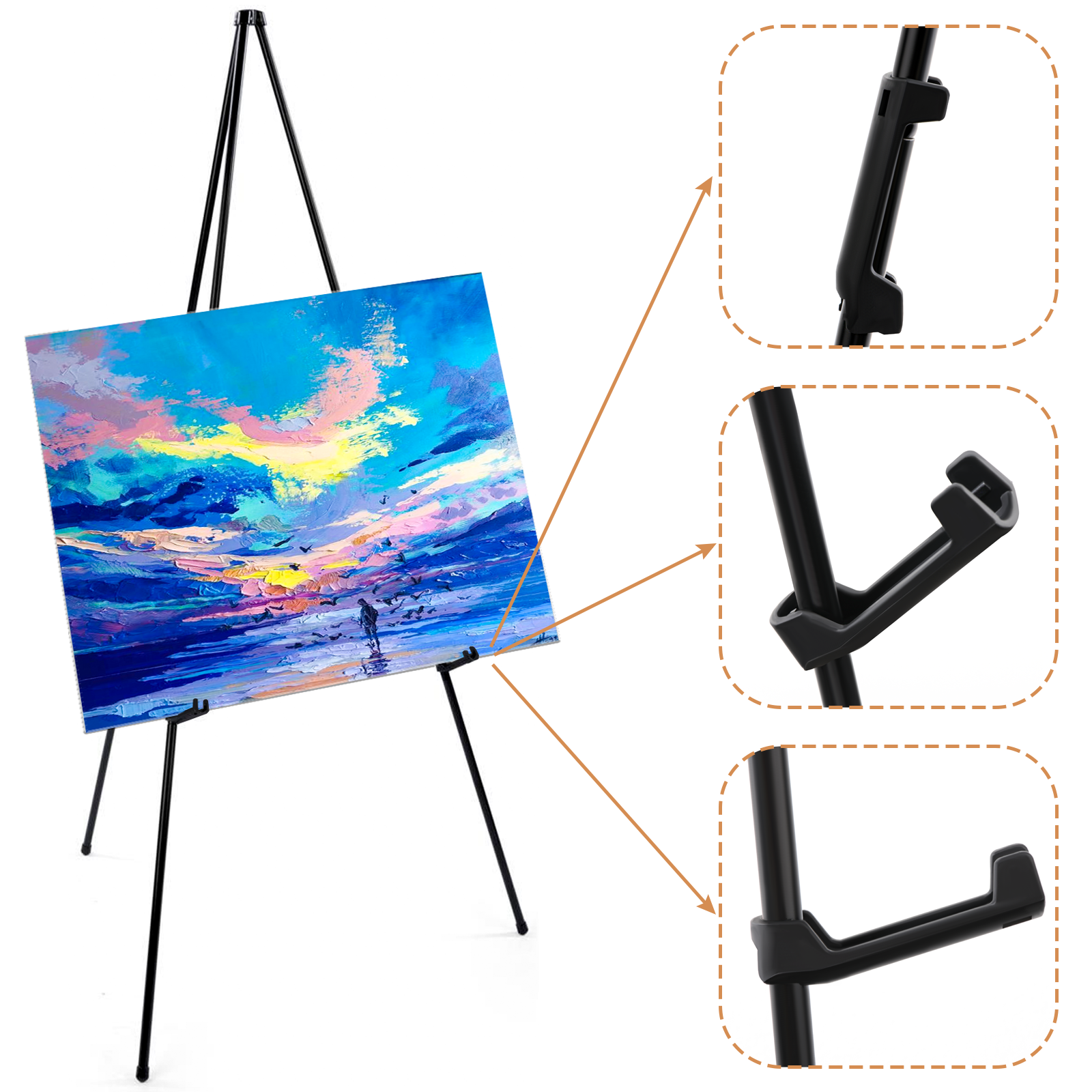  BIJIAMEI 63 Floor Display Easel Stand, Foldable Portable  Instant Easel Metal Tripod Easel for Display & Wedding Sign, Poster Stand  Art Easel with Portable Bag,Holds 5lbs