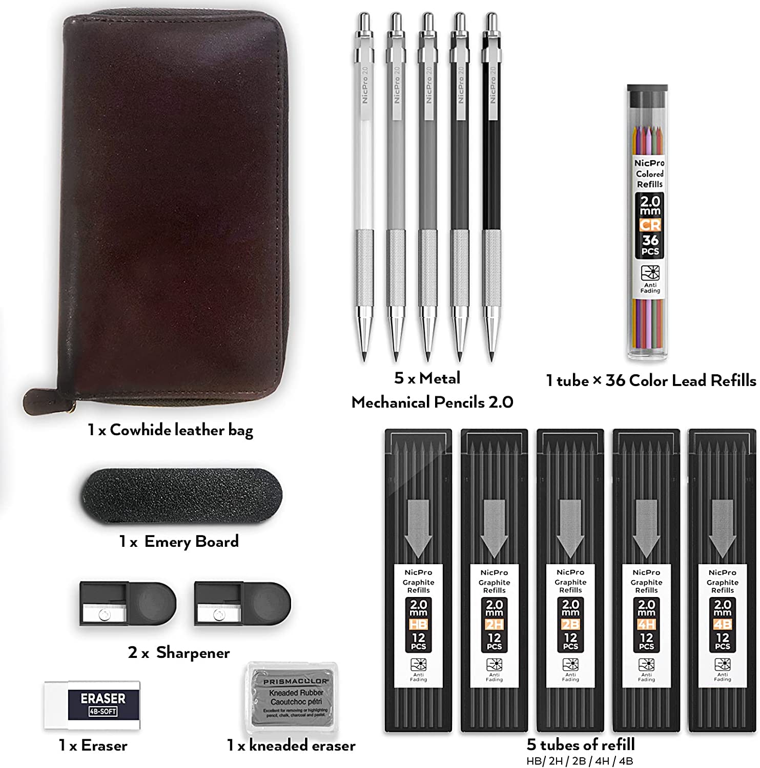 Nicpro 17PCS Metal 2mm Mechanical Pencil Set in Leather Case, 2.0 mm Lead Pencil Holders (4B 2B HB 2H 4H) 6 Tube Black Lead Refills & Colored Lead, Erasers,Sharpener For Art Drafting Sketching Drawing