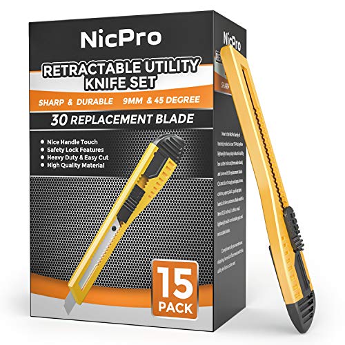 Nicpro 15 PCS Utility Knife Box Cutters Retractable Razor Knife 9mm with 30 PCS Extra Snap Off Blades for Lightweight Office, Home, Arts Crafts, Hobby