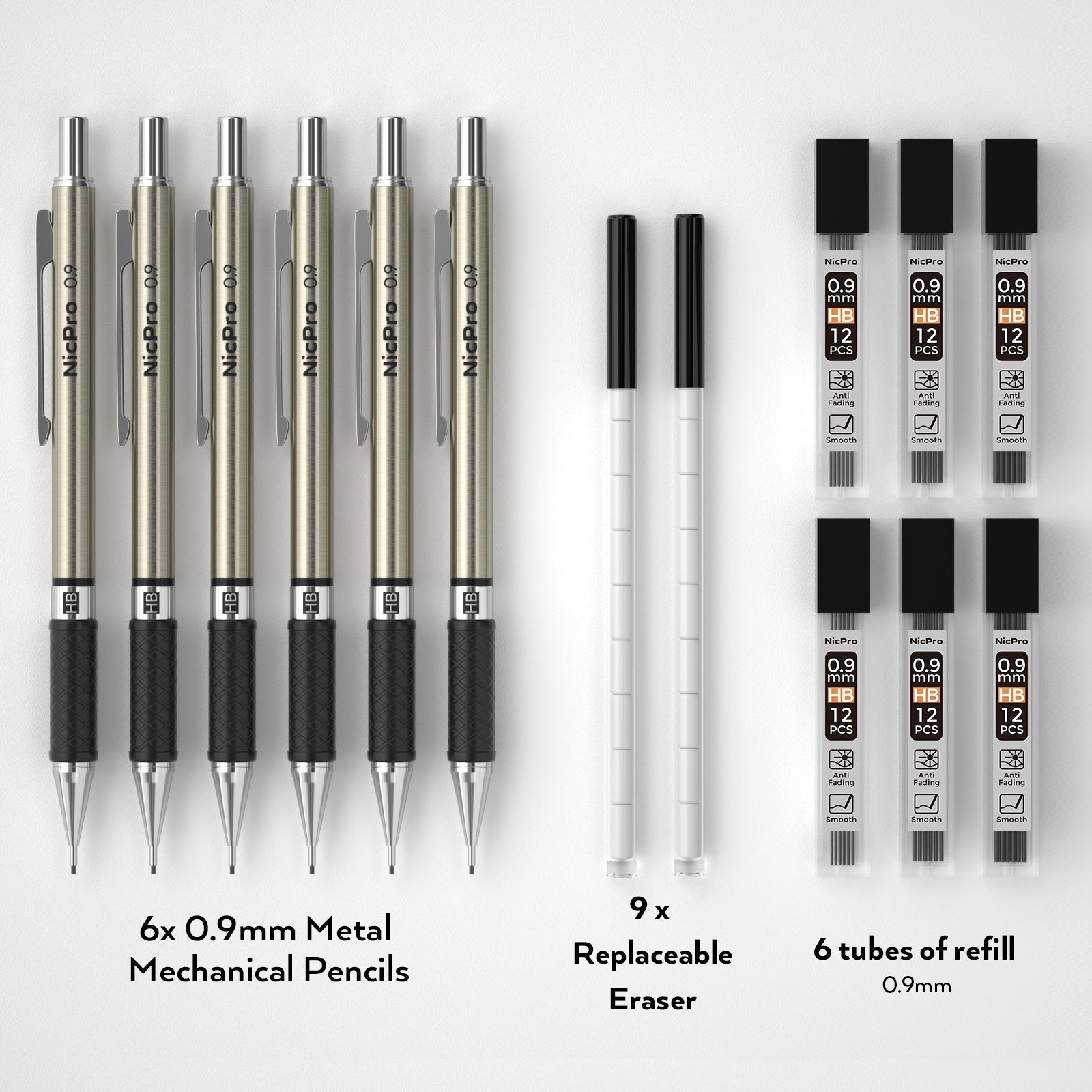 Nicpro 0.9 mm Art Mechanical Pencils Set in Gift Case, 6 PCS Metal Drafting Pencil 0.9mm with 6 Tube HB Lead Refills & 18 PCS Eraser Refills for Adults, Children, Artist Writing, Drawing, Sketching