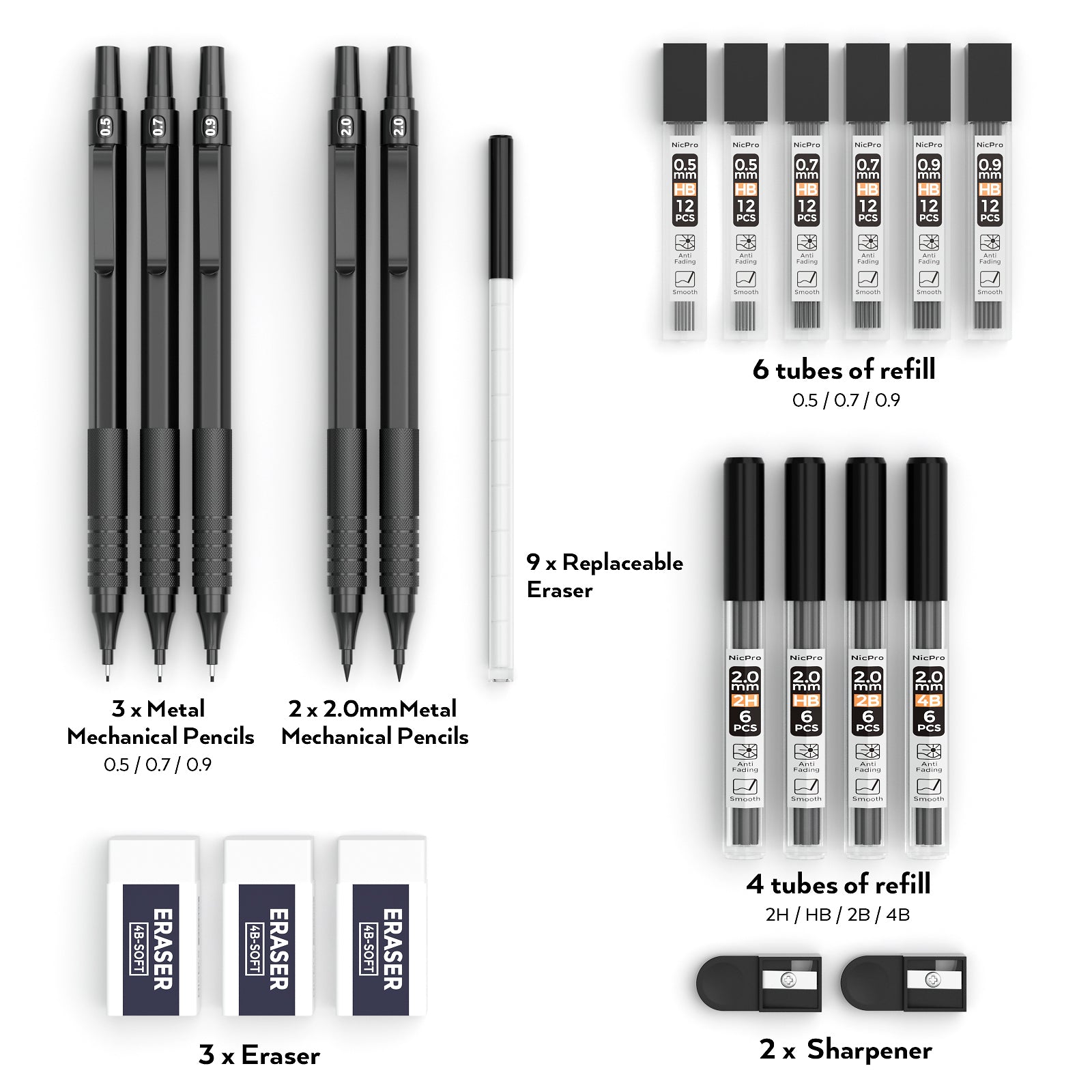 Nicpro 5 PCS Art Mechanical Pencil Set with Case, 3 PCS Metal Drafting Pencils 0.5, 0.7, 0.9 mm & 2PCS 2mm Graphite Lead Holder(4B 2B HB 2H), Lead Refills, Erasers for Drawing Writing Sketching, Black
