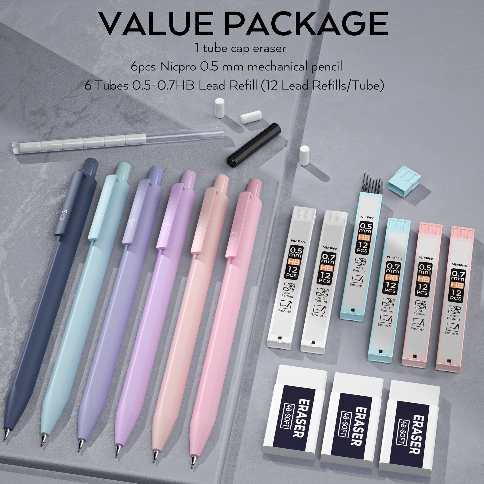 Nicpro 6Pcs Pastel Mechanical Pencil Set, 0.5 & 0.7 mm with 6 Tubes HB Lead Refill, 3Pcs Eraser and 9Pcs Eraser Refill - with Cute Case