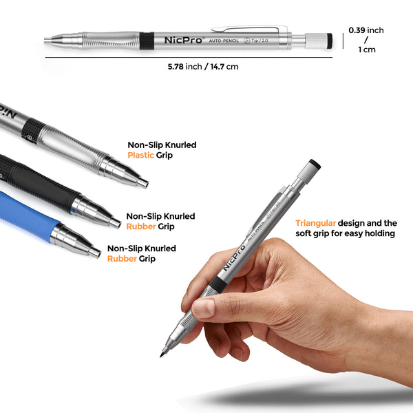Nicpro 2mm Mechanical Pencil Set, 3 PCS Artist Drafting Clutch Pencil 2.0 mm for Art Drawing Writing Sketching with 6 Tube Pre-Sharpen HB & 2B Refill, Eraser, Sharpener, Propelling Lead Holder