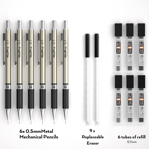 Nicpro 0.7 mm Art Mechanical Pencils Set, 6 PCS Metal Drafting Pencil 0.7mm with 6 Tube HB Lead Refills & 18 PCS Cap Eraser Refills for Adults, Children, Artist Writing, Drawing, Sketching