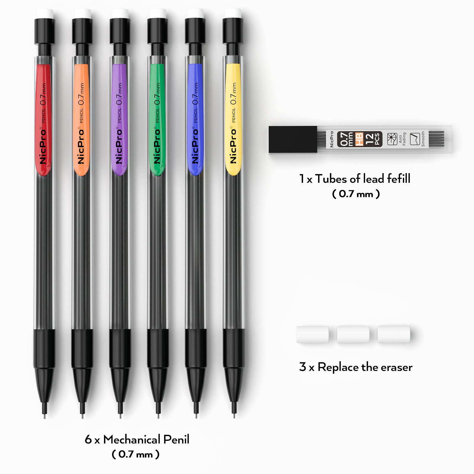 Nicpro 0.7mm Mechanical Pencil Bulk Set, 10 PCS Colored Lead Pencils w
