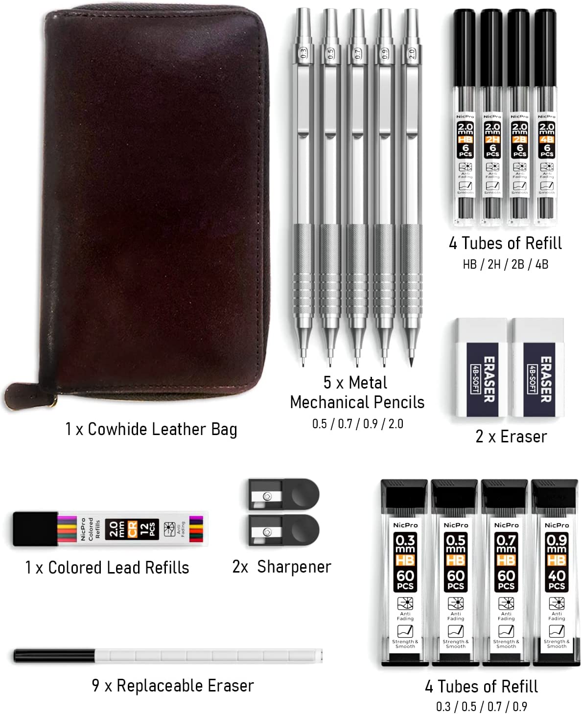 Nicpro 20PCS Metal Mechanical Pencil Set in Leather Case, 0.3, 0.5, 0.