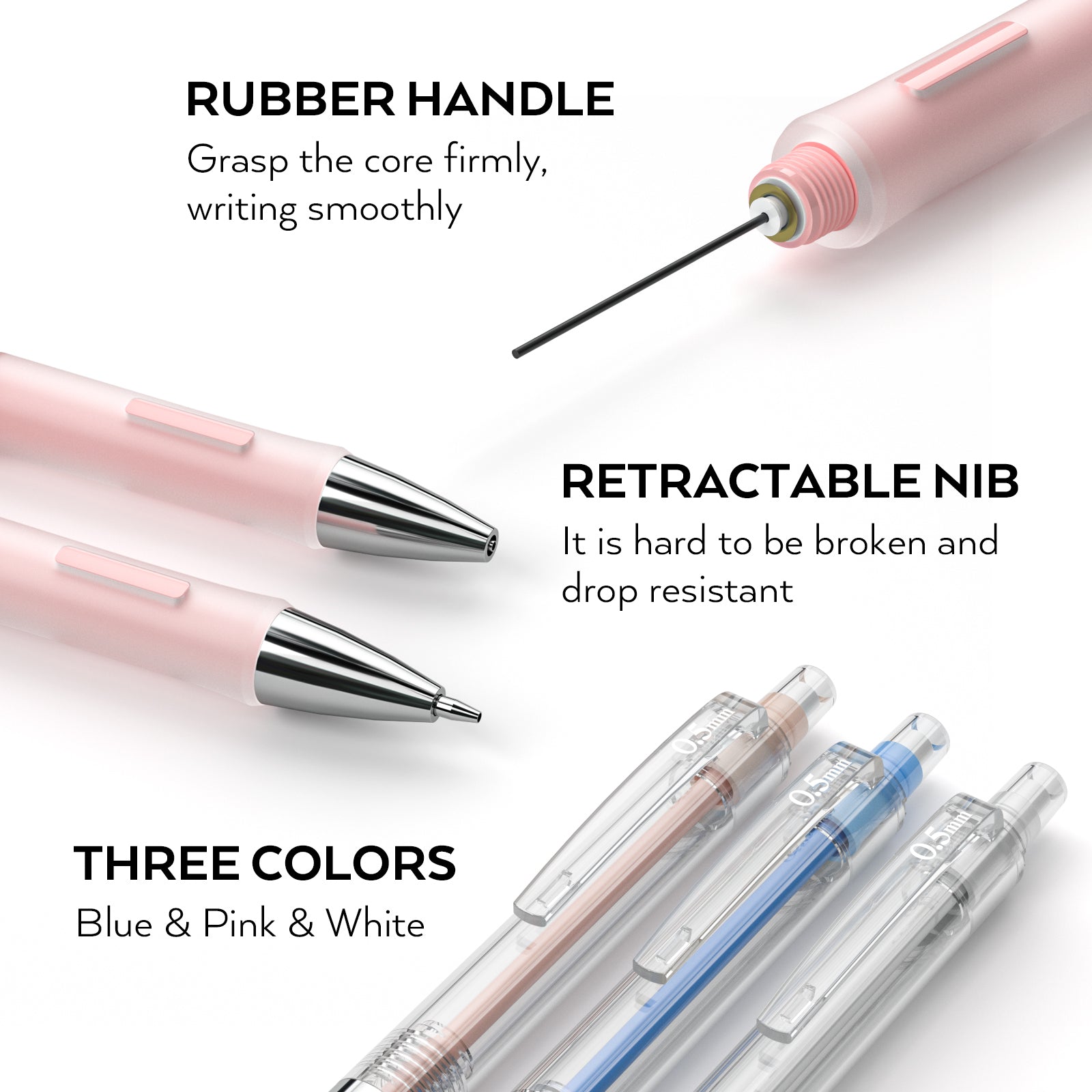 Nicpro 3 PCS Pastel Mechanical Pencil 0.5 with Case for School, with 6 tubes HB Lead Refills, 3 x Erasers, 9 x Eraser Refills for Student Writing, Drawing, Sketching, Blue & Pink & White Colors