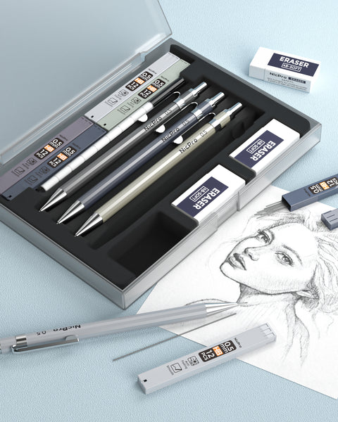 Nicpro 4PCS 0.7 mm Metal Mechanical Pencils Set, Lead Drafting Pencil for Artist Writing, Sketching, Drawing, with 8 Tubes HB Lead Refills & 3PCS 4B Erasers, 9PCS Erasers Refills | Come with Case