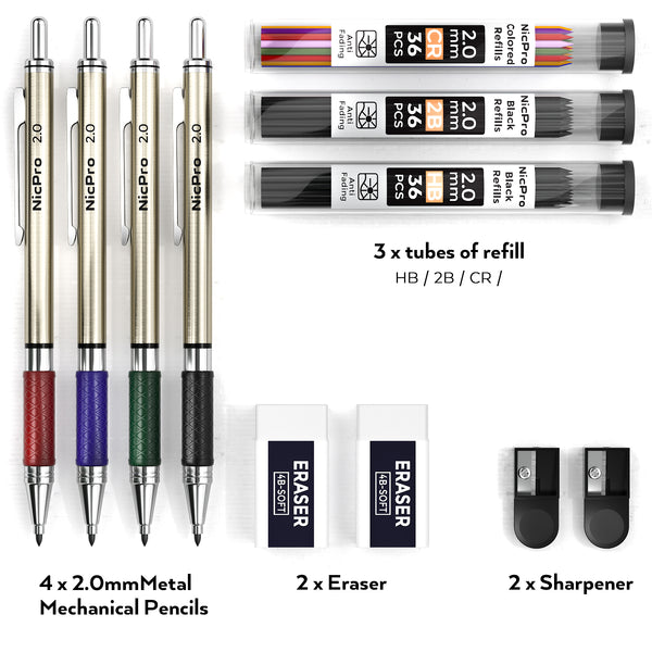 Nicpro 4 PCS 2.0 mm Mechanical Pencils Set with Case, Art Metal Lead Holder 2mm Carpenter Pencil with 72 Graphite Lead Refills(HB 2B) & 36 Colors, 2 Erasers, 2 Sharpeners for Writing Sketching Drawing