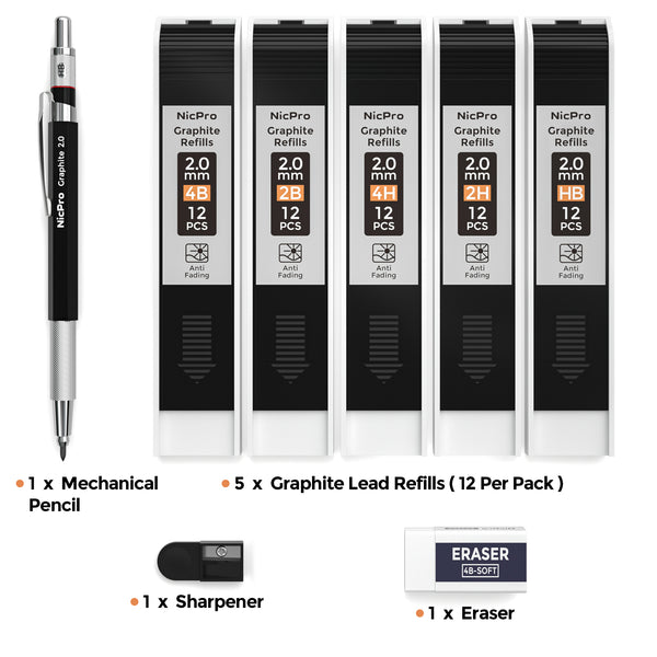 Nicpro 2.0 mm Mechanical Pencil Set, Artist Metal Lead Holder with 5 Tube Graphite Lead Refill HB, 2H, 4H, 2B, 4B, Eraser, Sharpener for Draft Drawing, Writing, Shading, Art Sketching