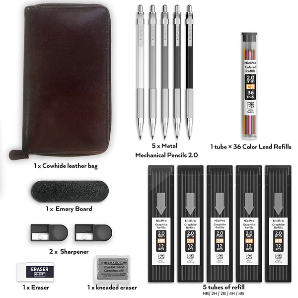Nicpro 5 PCS Metal Mechanical Pencil Set in Leather Case, 0.3 & 0.5 & 0.7 & 0.9 mm & 2mm Lead Pencil Holders, (4B 2B HB 2H) Lead Refills (Black & Colors), Erasers, For Art Drafting Sketching Drawing