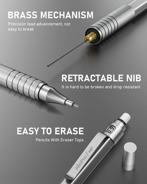 Nicpro Metal 0.9 Mechanical Pencil Set with Case, with 3PCS 0.9 Drafting Pencil, 6PCS HB Lead Refill & 3PCS Erasers, Erasers Refills for Adults, Children, Artist Writing, Drawing, Sketching