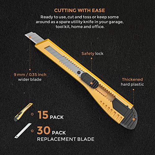 Nicpro 15 PCS Utility Knife Box Cutters Retractable Razor Knife 9mm with 30 PCS Extra Snap Off Blades for Lightweight Office, Home, Arts Crafts, Hobby