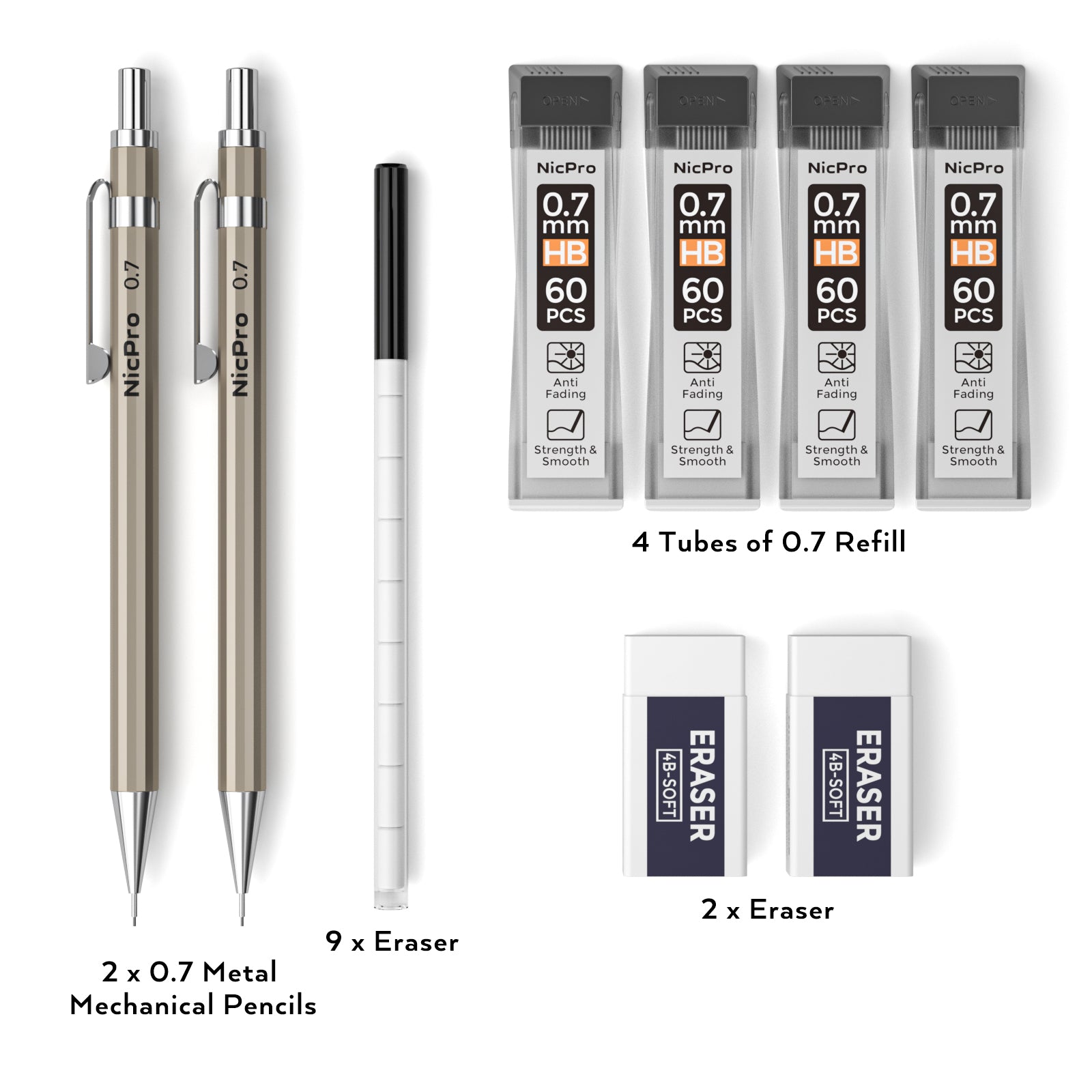 Nicpro 0.7mm Mechanical Pencil Set, 3 PCS Quick Side Click Pencil with