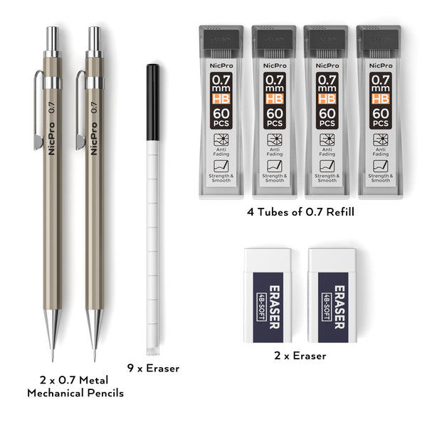 Metal 0.7 mm Mechanical Pencil Set with Case, 2 PCS Nicpro Drafting Pencil with Lead Refill & Erasers for Artist Writing, Drawing Sketching