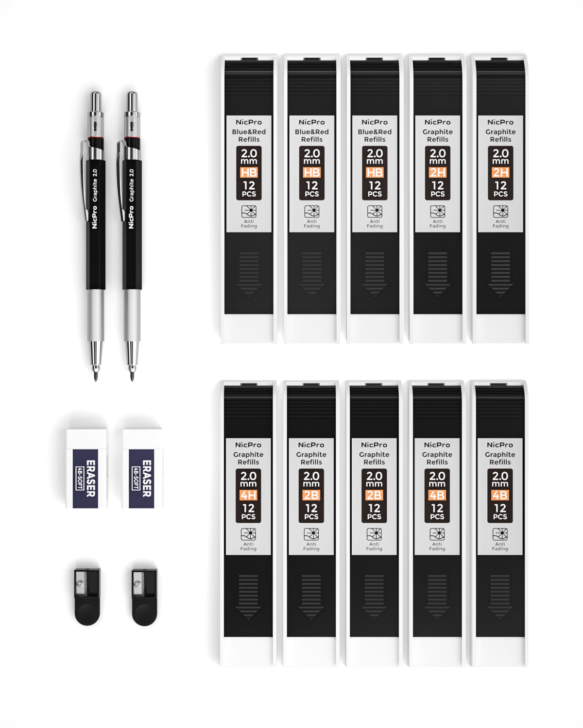 Nicpro 29 Pieces 2mm Mechanical Pencil Set, 9 PCS Artist Carpenter Drafting  Pencil 2.0 mm with 16 Tube Lead Refills HB, 2B Black & Colors, 2 Erasers