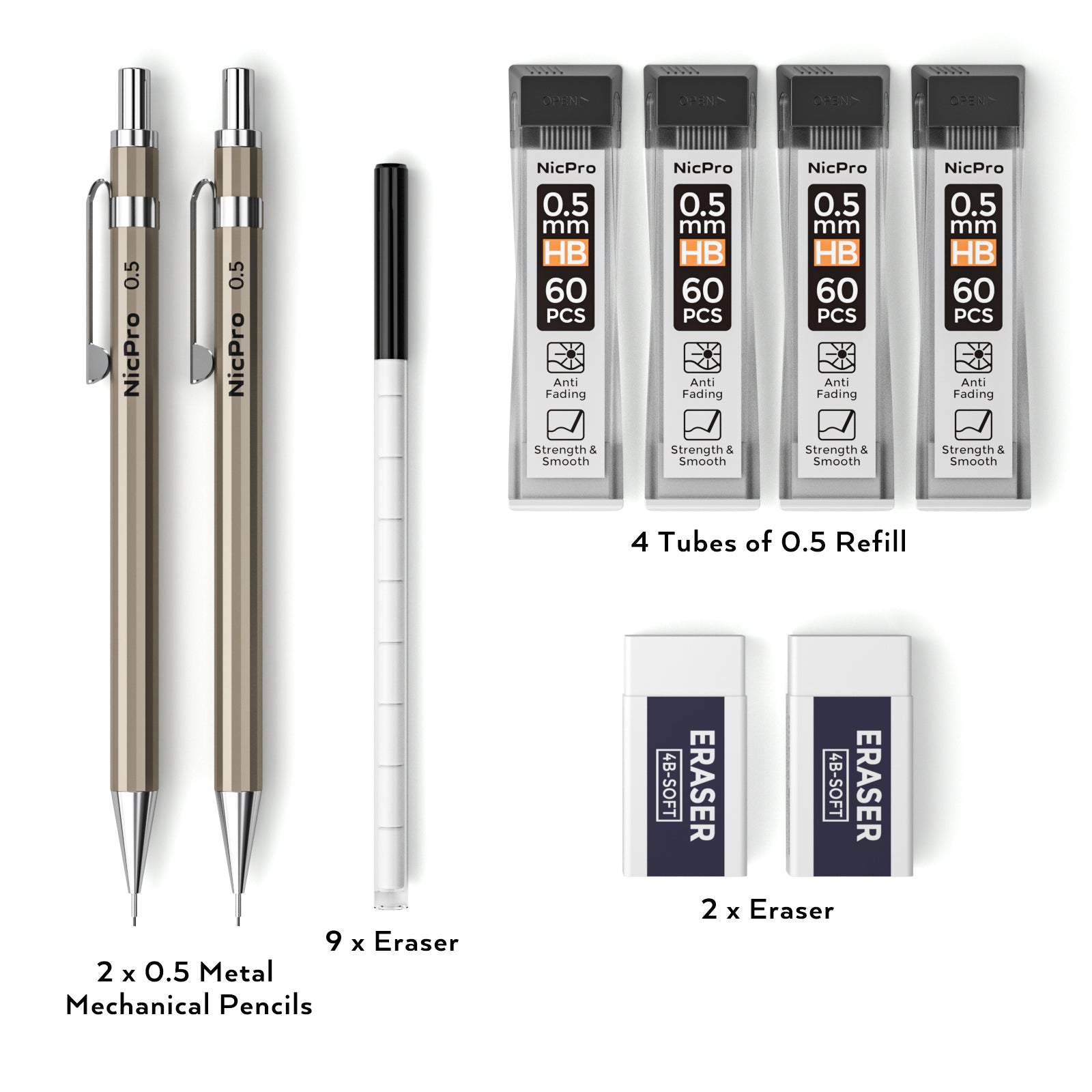 Metal 0.5 mm Mechanical Pencil Set with Case, 2 PCS Nicpro Drafting Pencil with Lead Refill & Erasers for Artist Writing, Drawing Sketching