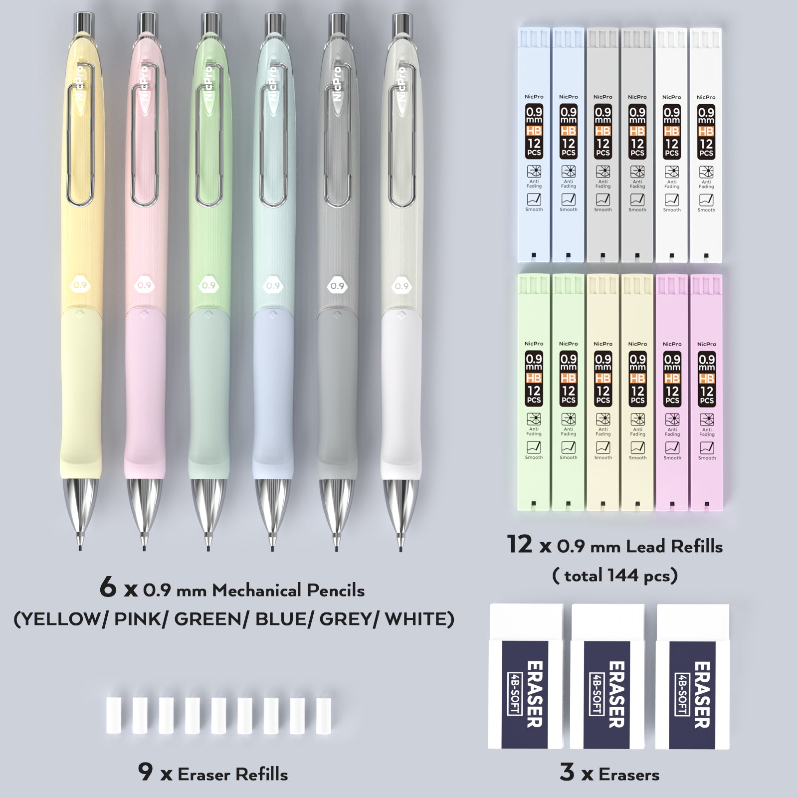 Nicpro 3PCS Pastel Mechanical Pencil Set, 0.7 mm with 6 Tubes HB Lead  Refills& 3PCS Eraser& 9PCS Eraser Refill for Student Writing, Drawing