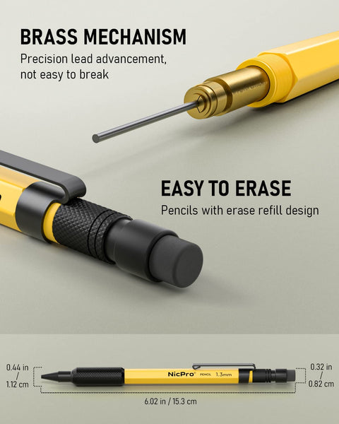 Nicpro 3PCS 1.3 mm Mechanical Pencils Set in Leather Case, with 72 Lead Refill,3 Eraser & 12 Refills, Weatherproof Metal Barrel,Heavy Duty Carpenter Pencil for Outdoor Marking Drafting Woodworking