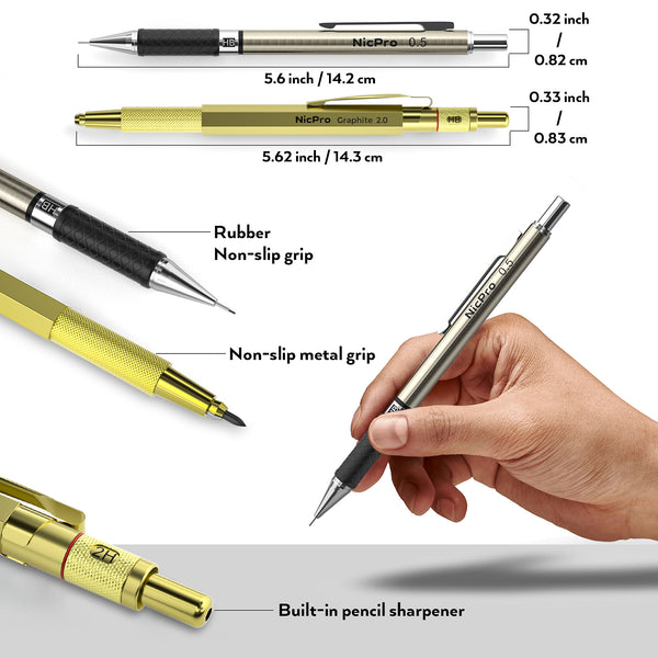 Nicpro Gold Mechanical Pencils Set, 3 PCS Metal Drafting Pencil 0.5 mm & 0.7 mm & 0.9 mm & 3 PCS 2mm Graphite Lead Holder (2B HB 2H) For Writing, Sketching Drawing With 12 Tube Lead Refills Case