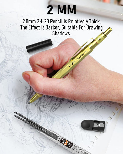 Nicpro 29PCS Art Mechanical Pencils Set in Leather Case, Gold Metal Drafting Pencil 0.5, 0.7, 0.9 mm, 2mm Lead Pencil Holders for Sketching Drawing With 13 Tube (2B HB 2H) Lead Refills