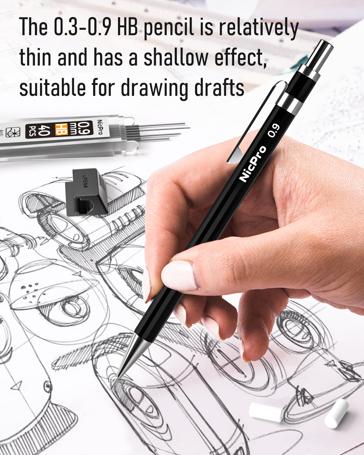 Nicpro 5-Piece Metal Mechanical Pencil Set For Drawing & Writing - Includes 0.3, 0.5, 0.7, 0.9, 2mm Drafting Pencils With Lead Refills & Case
