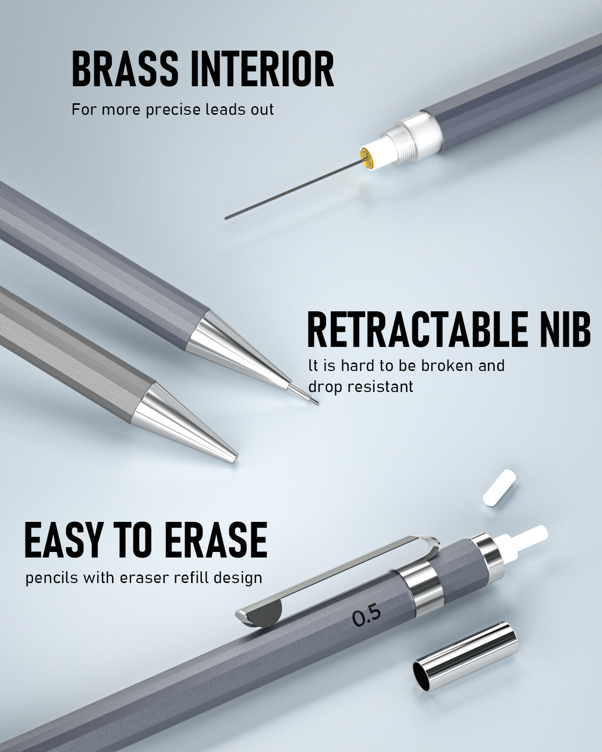 Nicpro 4PCS Metal Mechanical Pencils Set 0.7mm, Lead Drafting Pencil 0.7 mm  with 8 Tube HB #2 Lead Refill, 3PCS 4B Eraser, 9 Eraser Refill for Artist