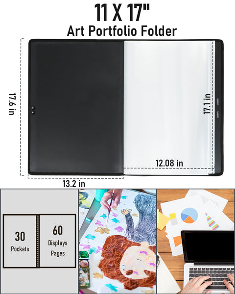 Nicpro Art Portfolio 11x17, Upgraded Large Portfolio Folder for Artwork with 30 Pockets Display 60 Pages, Presentation Book Binder with Protector Sleeves for Kids & Artists Drawing