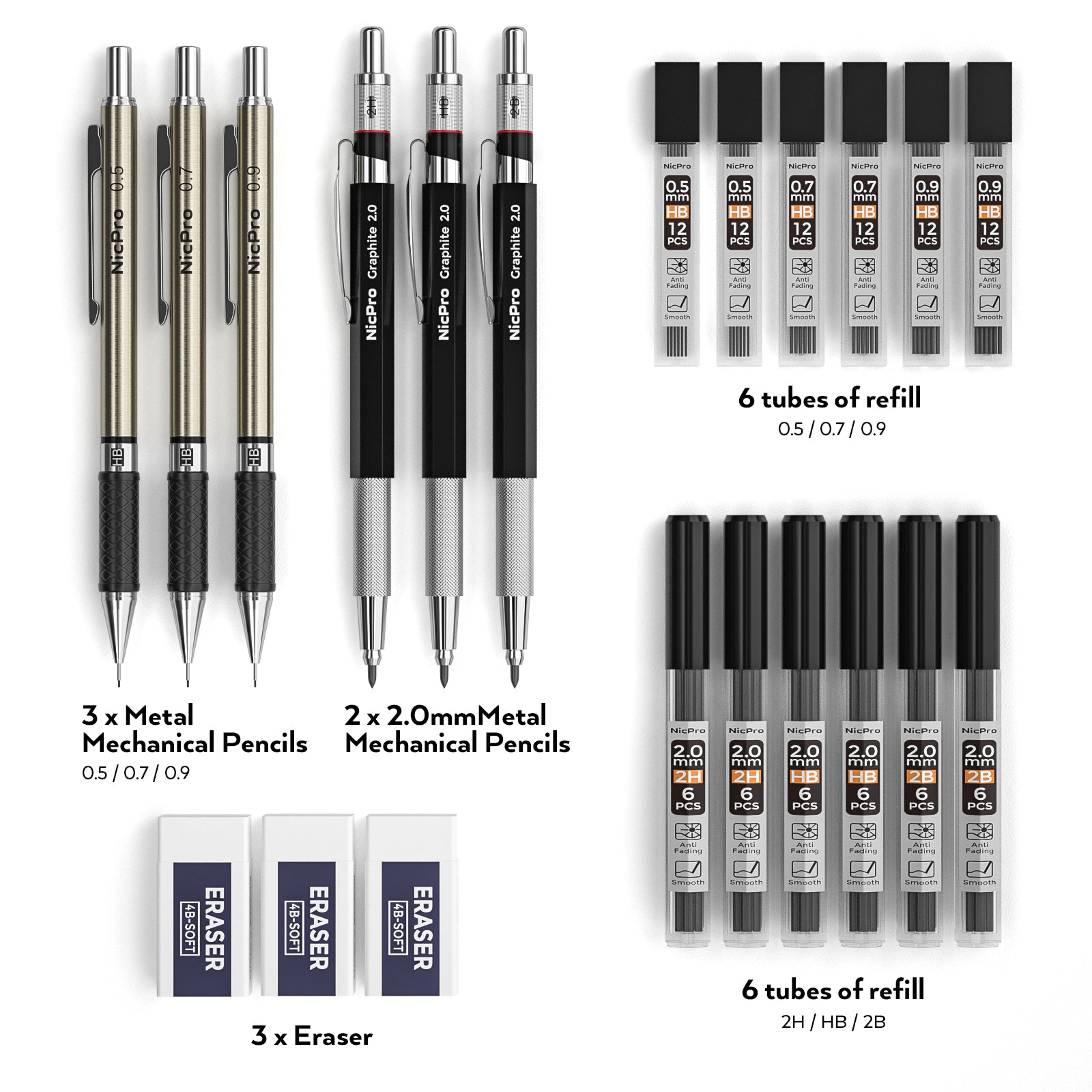 Nicpro 6PCS Art Mechanical Pencils Set, 3 PCS Metal Drafting Pencil 0.5 mm & 0.7 mm & 0.9 mm and 3 PCS 2mm Graphite Lead Holder (2B HB 2H) For Writing,Sketching Drawing,With 12 Tubes Lead Refills