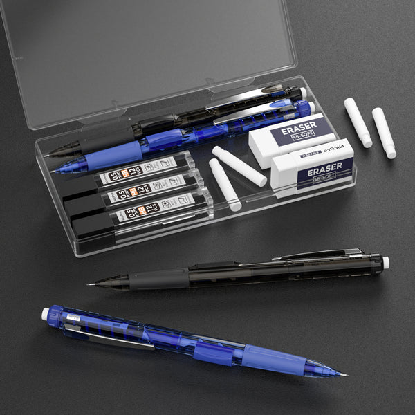 Nicpro 4 PCS Mechanical Pencil Set 0.5 & 0.7 mm with Case for School, Side Click Lead Pencil with 8 tubes HB Lead Refills, 2 Eraser, 4 Eraser Refills For Student Writing, Drawing, Sketching